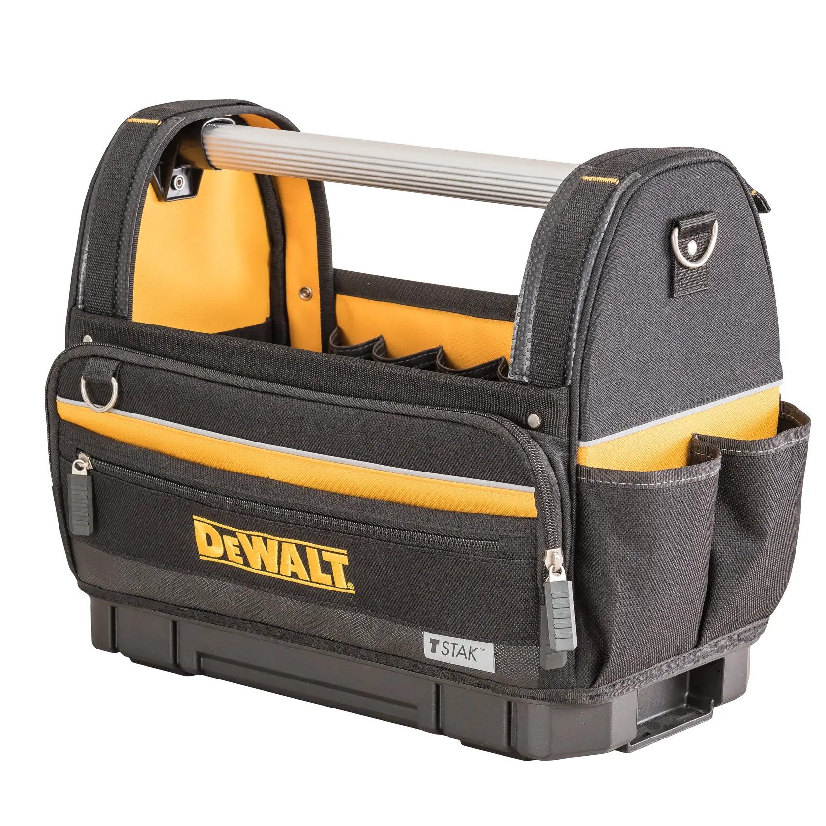 A DEWALT black and yellow open tool bag with multiple pockets, a sturdy metal handle, TSTAK branding, and zippered front pouch. The bag is designed for organizing and carrying tools.