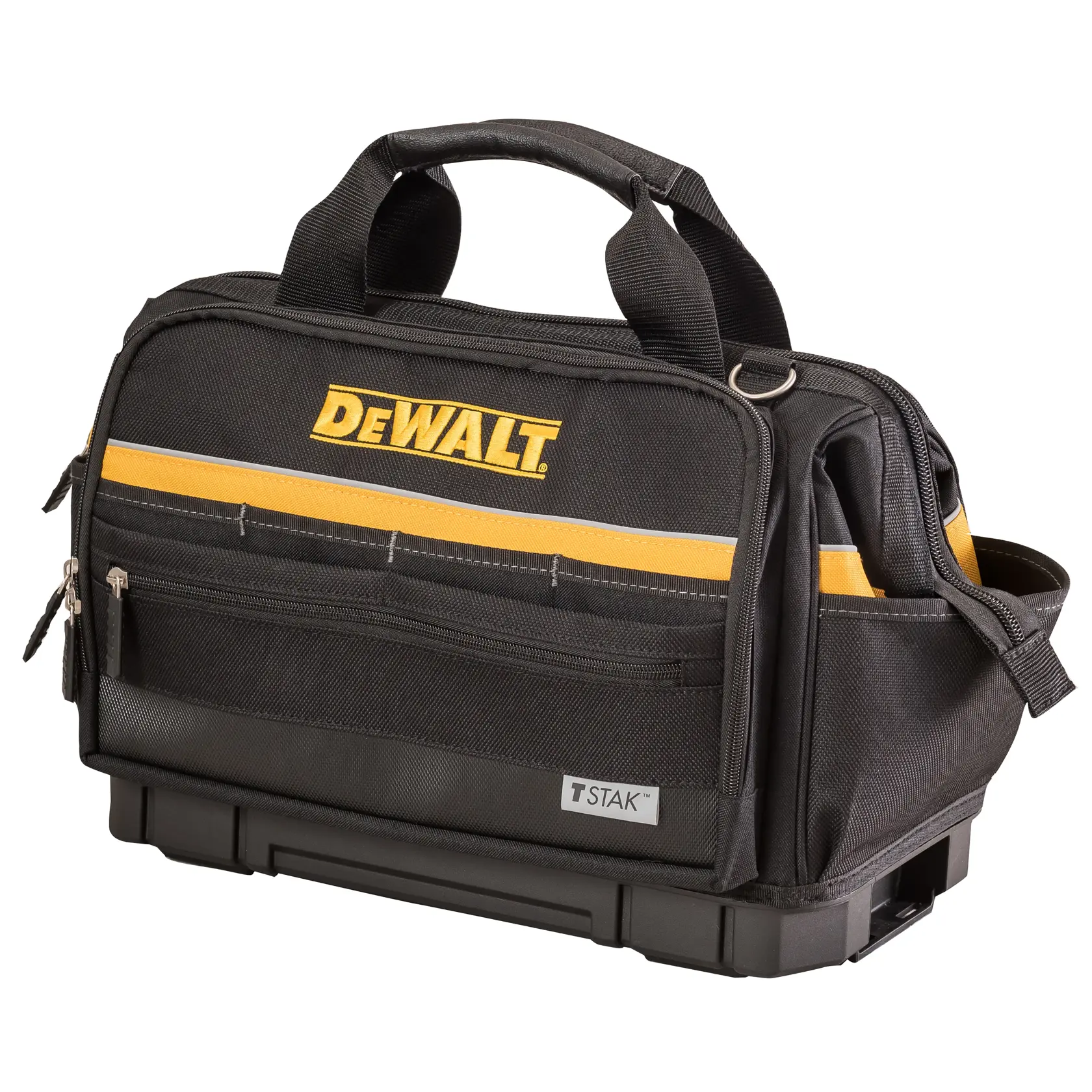 Black DEWALT tool bag with yellow stripe, zippered pockets, and carrying handles for easy transport.