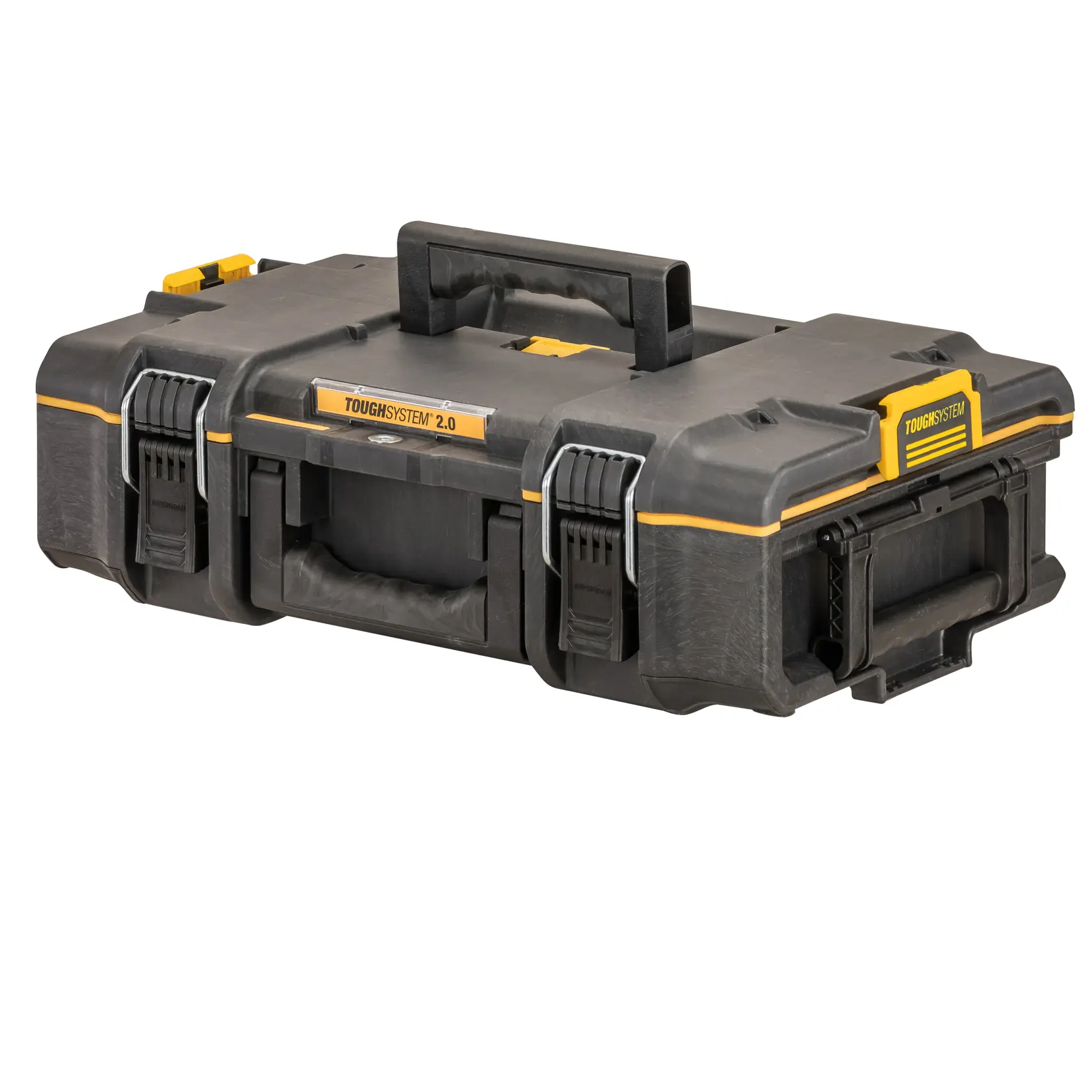 DEWALT ToughSystem 2.0 black toolbox with yellow accents, handles, and secure latches, shown closed.
