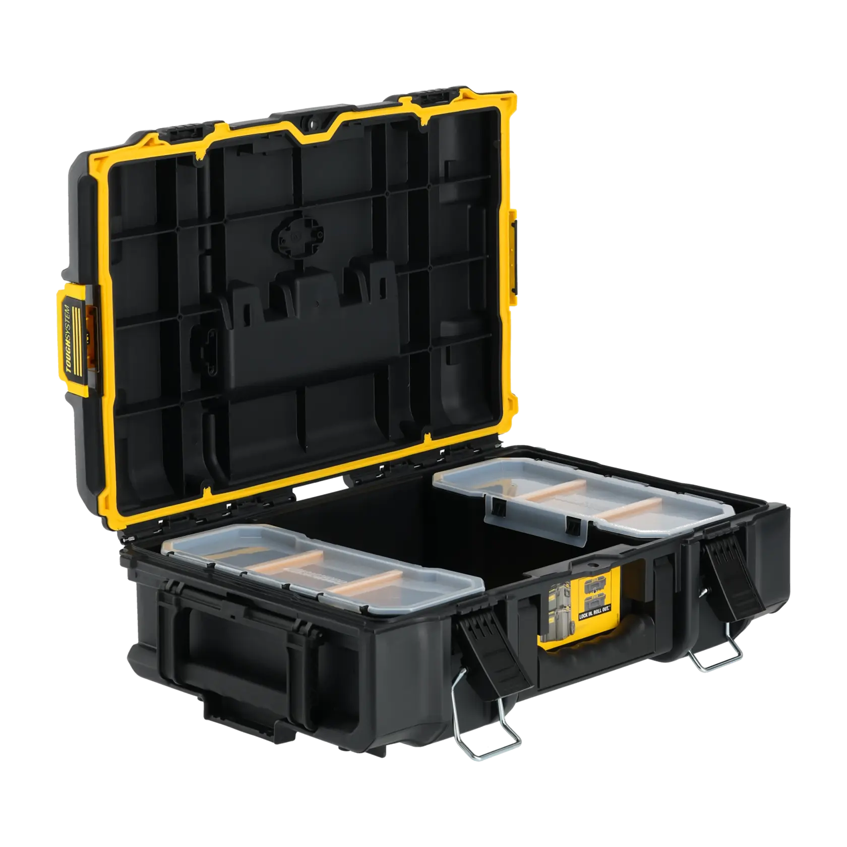 DEWALT ToughSystem 2.0 promotional graphic with the slogan 'Storage Built to Handle It' in large, bold yellow lettering on a dark, textured background.