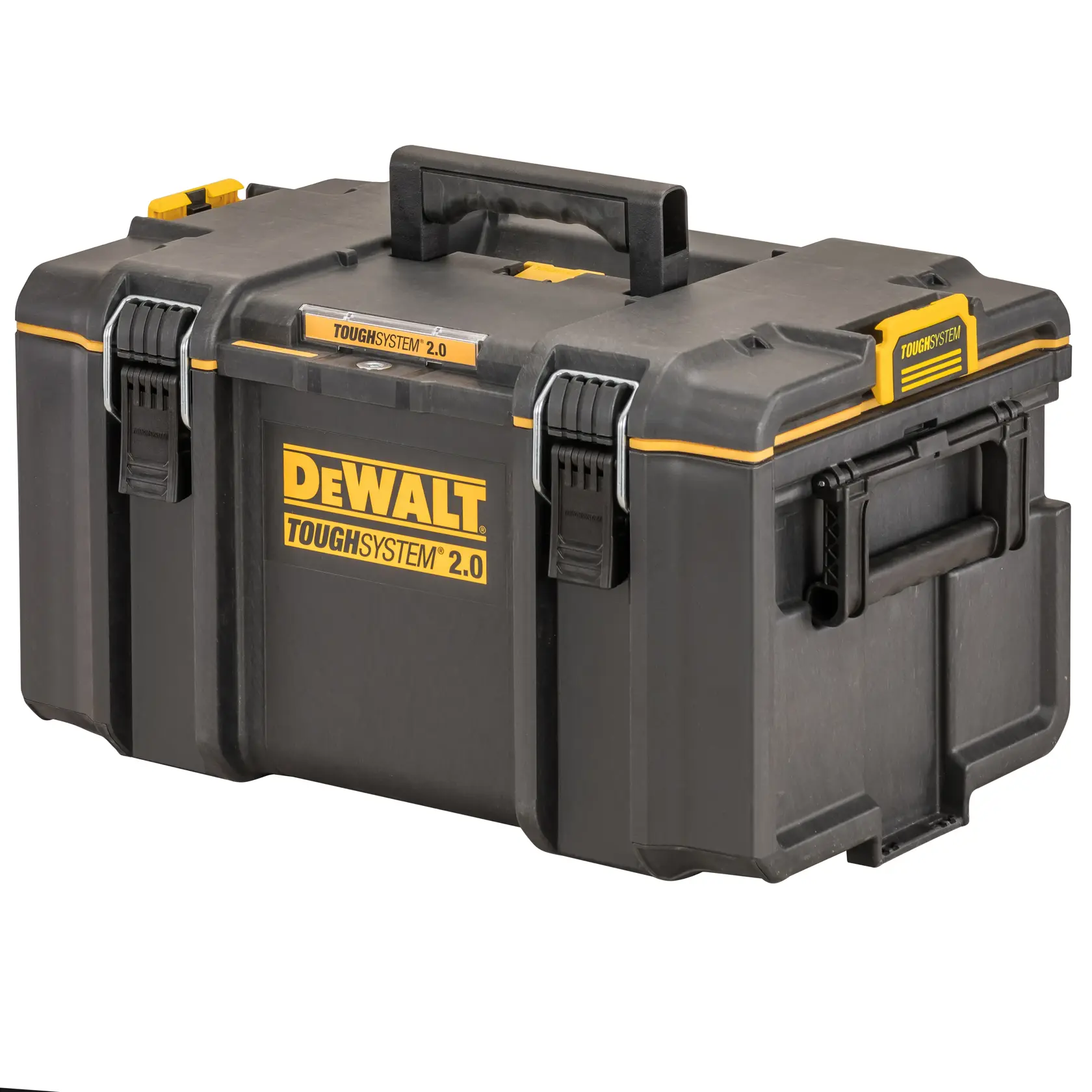 Black DEWALT Toughsystem 2.0 toolbox with yellow accents and sturdy latches, shown on a white background.