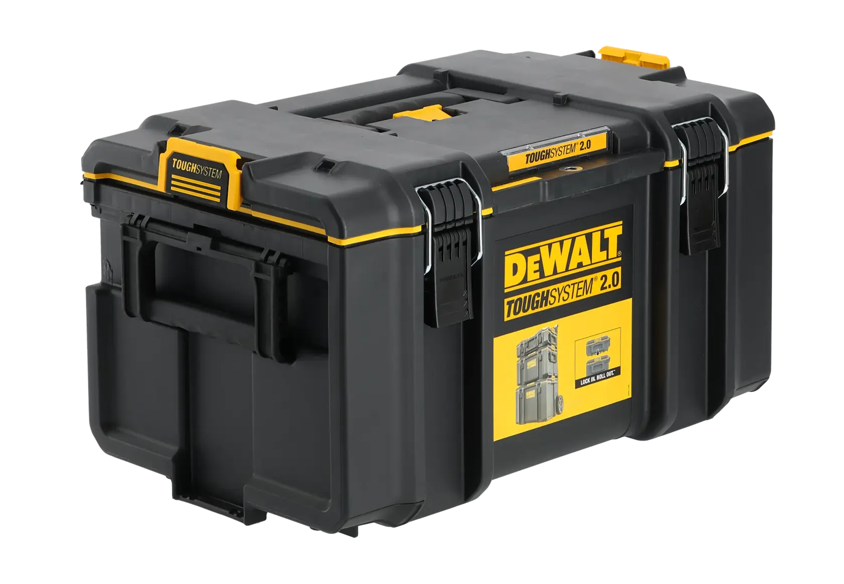 DEWALT ToughSystem 2.0 promotional graphic with the slogan 'Storage Built to Handle It' in large, bold yellow lettering on a dark, textured background.