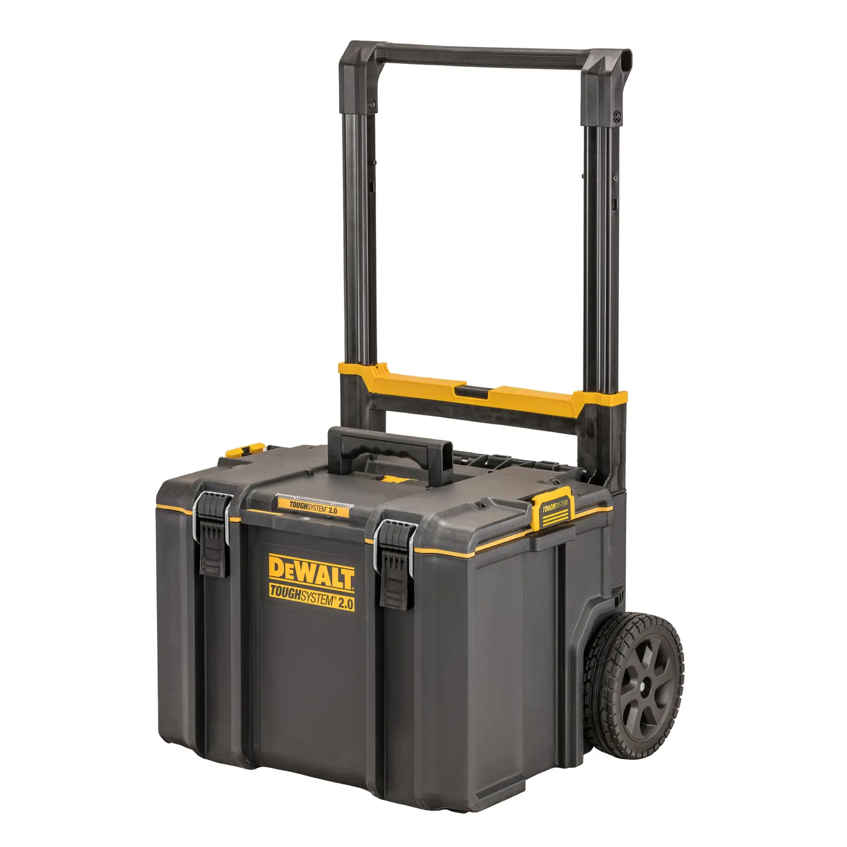 DEWALT ToughSystem 2.0 rolling tool box with extendable handle and wheels, black and yellow.