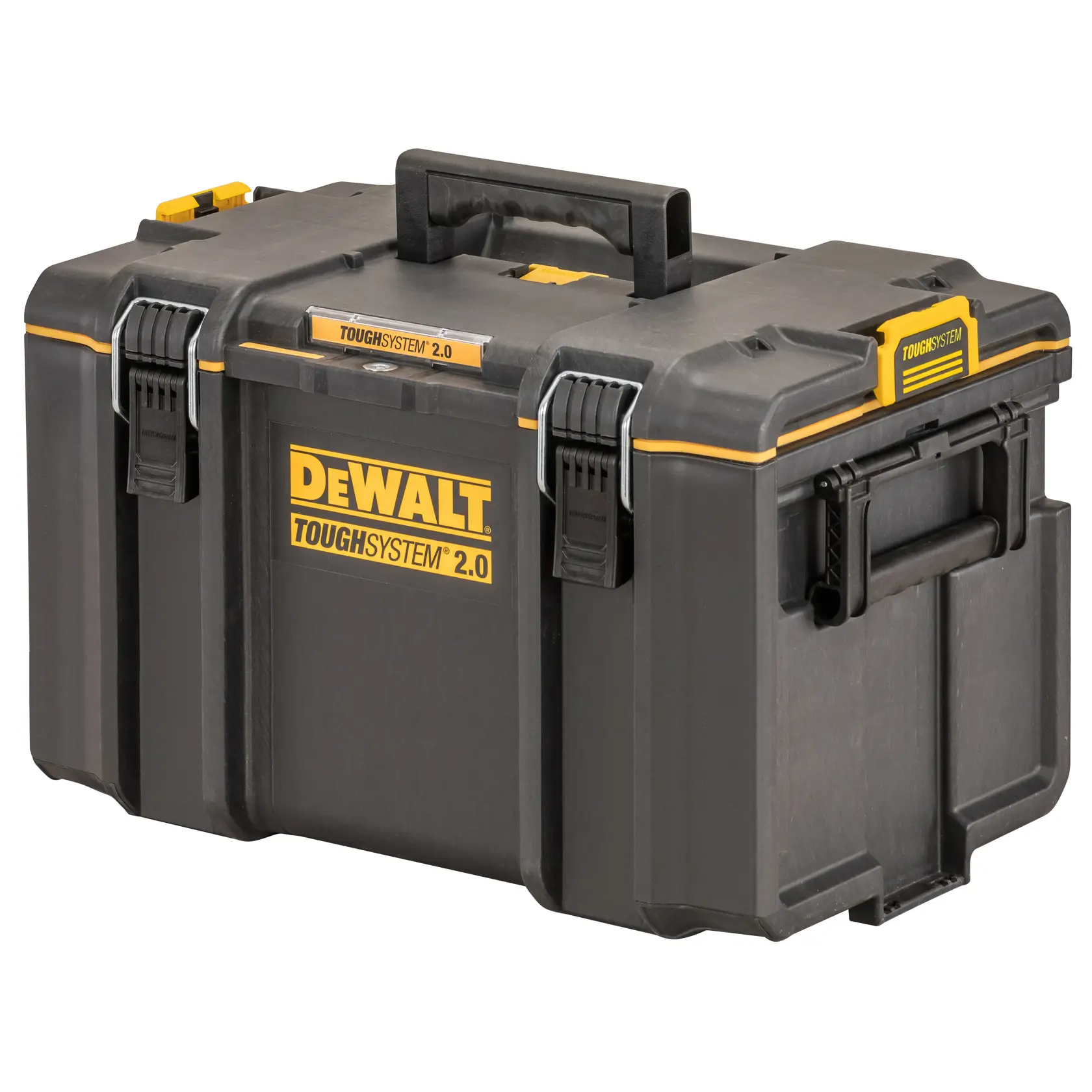 Black DEWALT ToughSystem 2.0 toolbox with yellow accents, sturdy handles, and secure latches for storage.