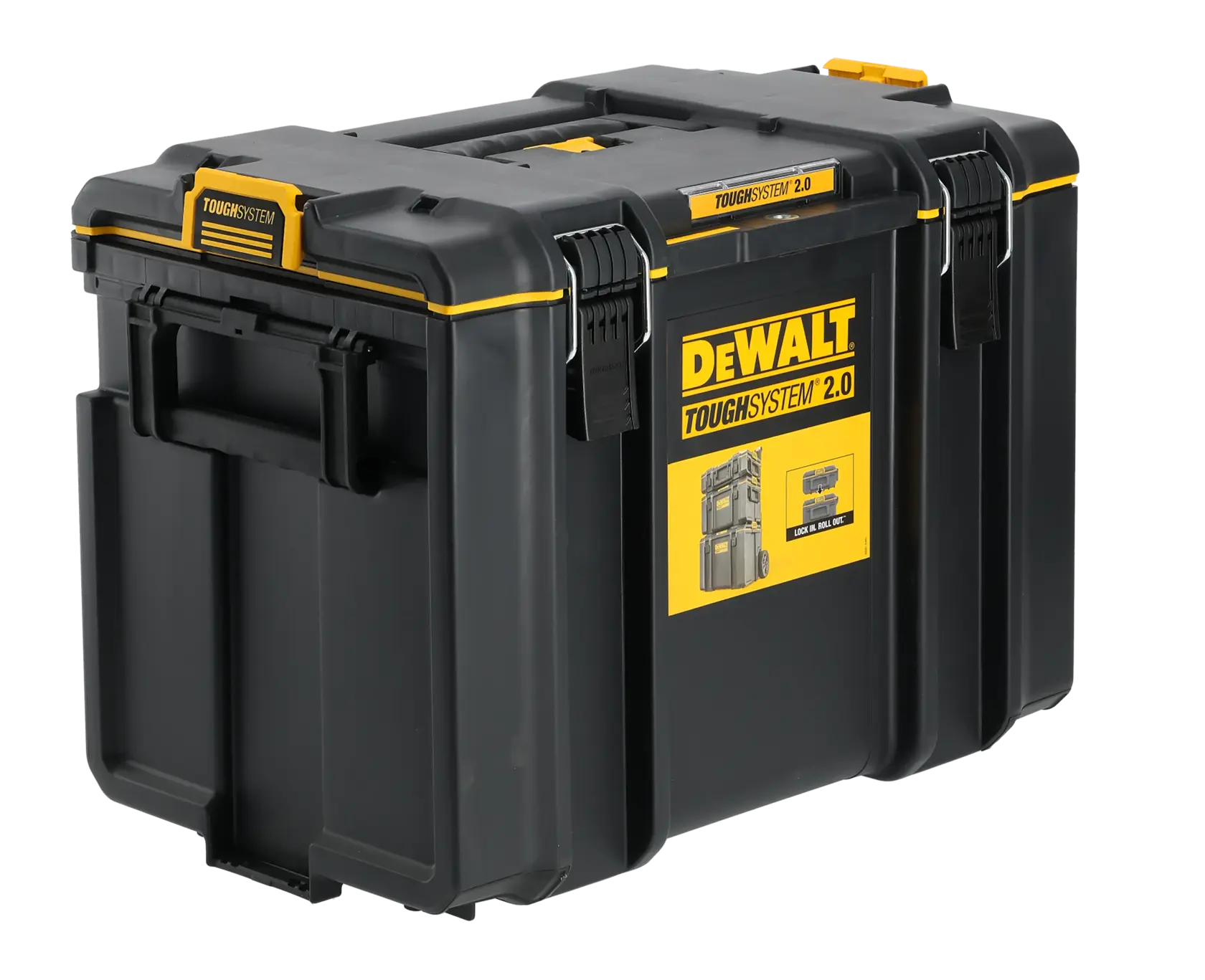 DEWALT ToughSystem 2.0 promotional graphic with the slogan 'Storage Built to Handle It' in large, bold yellow lettering on a dark, textured background.