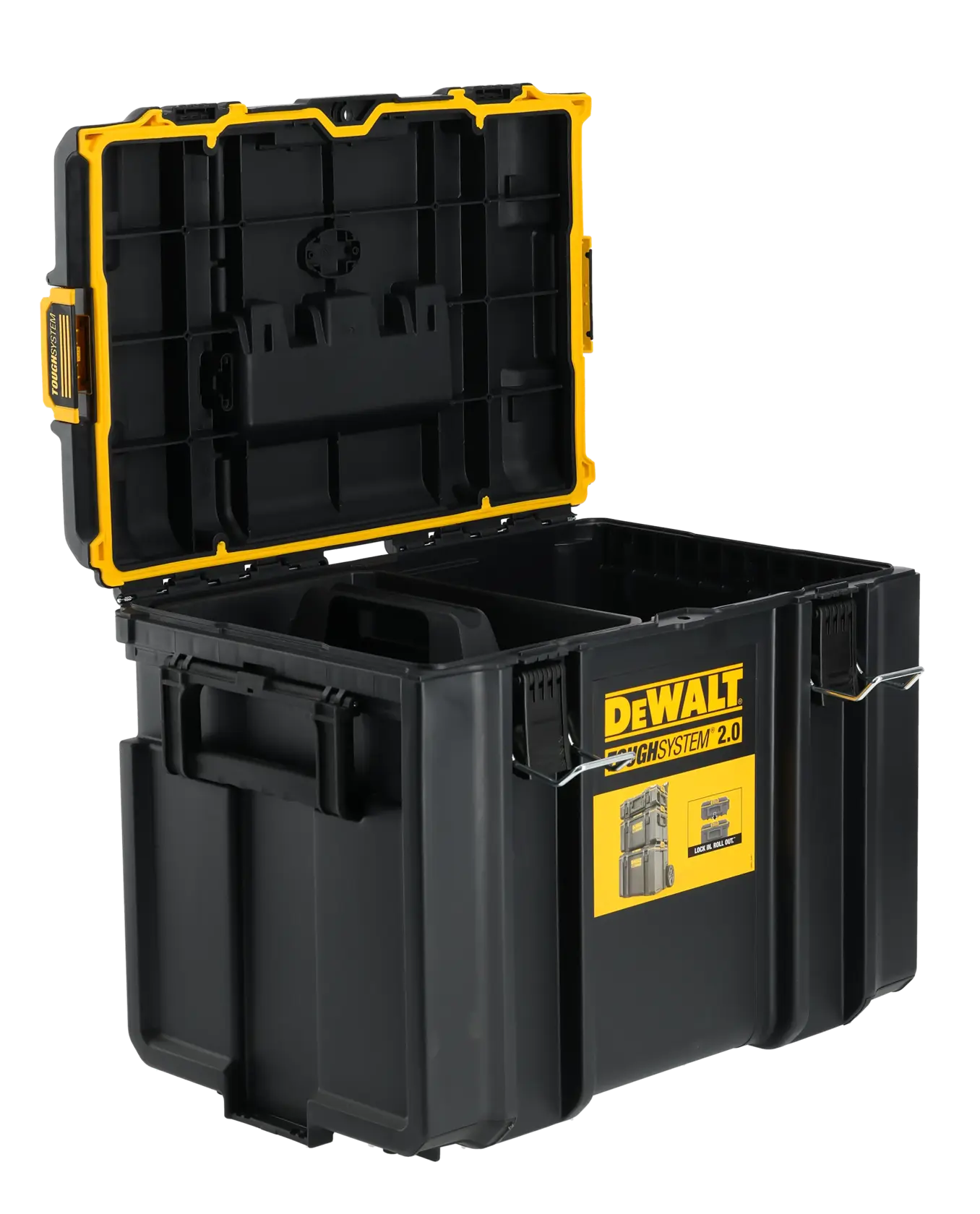 DEWALT ToughSystem 2.0 promotional graphic with the slogan 'Storage Built to Handle It' in large, bold yellow lettering on a dark, textured background.