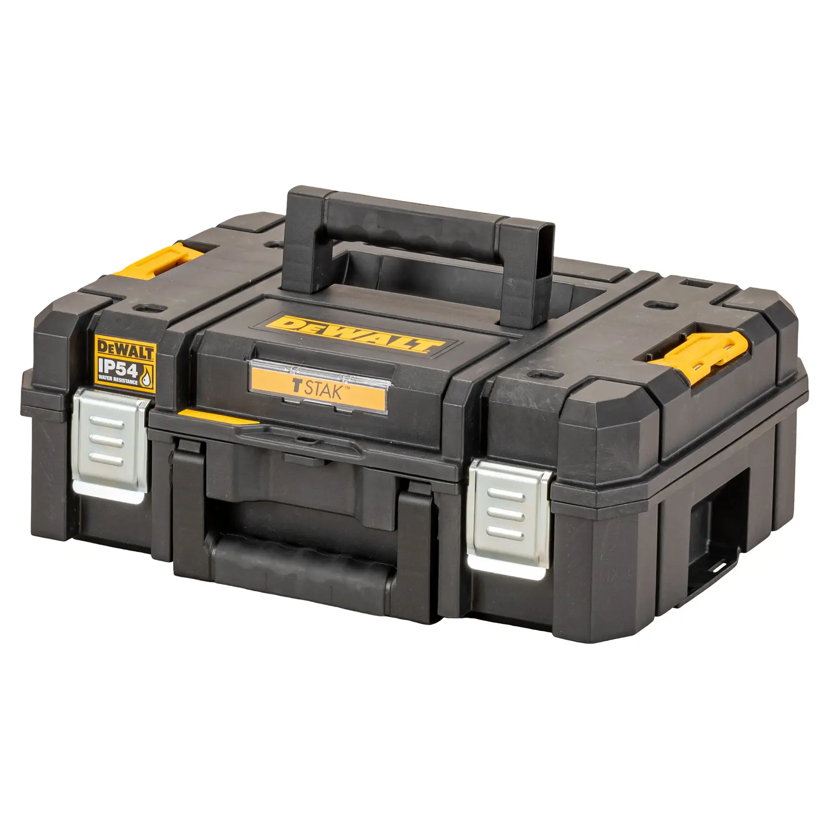 A black DEWALT TSTAK tool storage box with yellow and silver accents, featuring a sturdy handle and latches, designed for secure and organized tool storage.