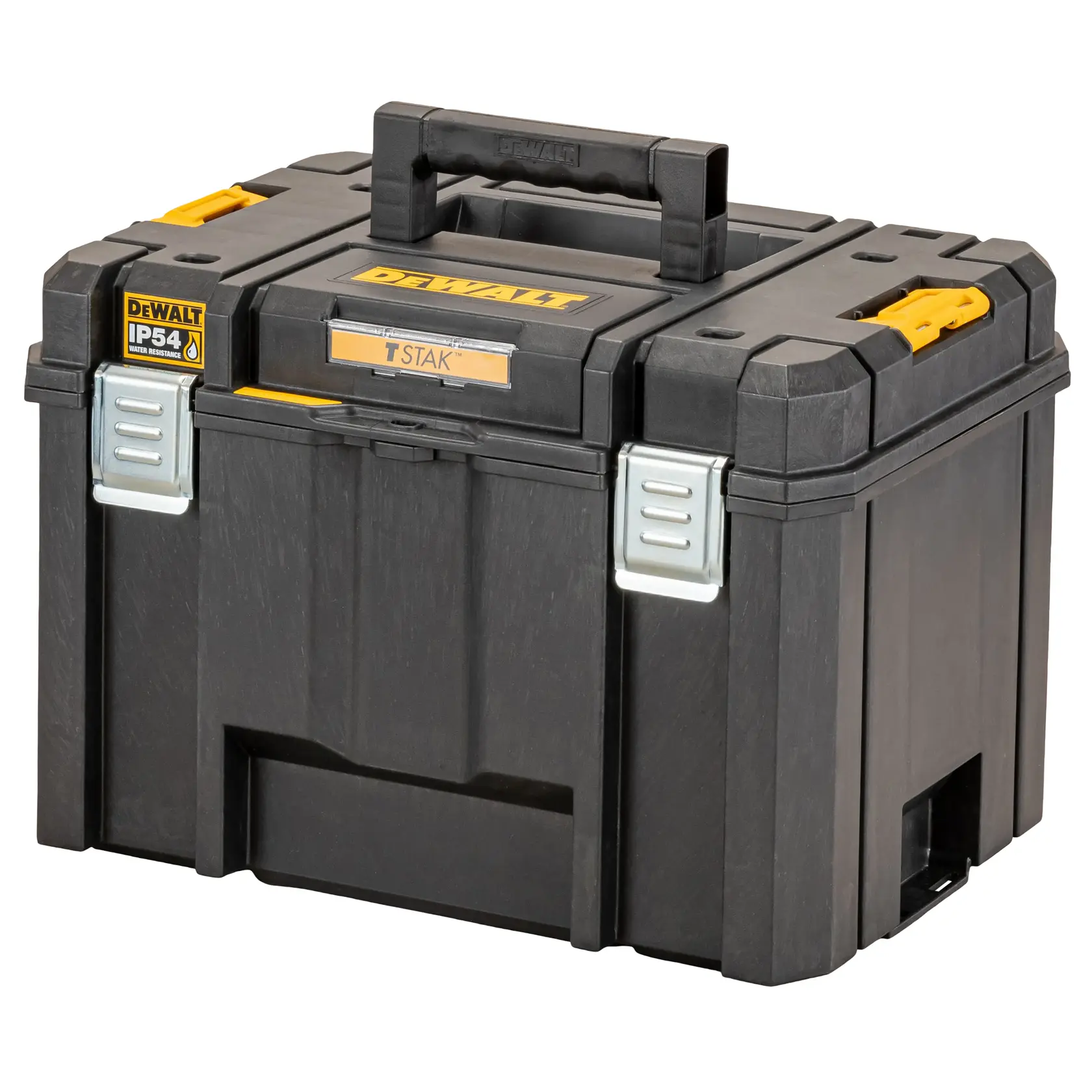 Black DEWALT TSTAK storage box with handle, metal latches, and IP54 water resistance label.