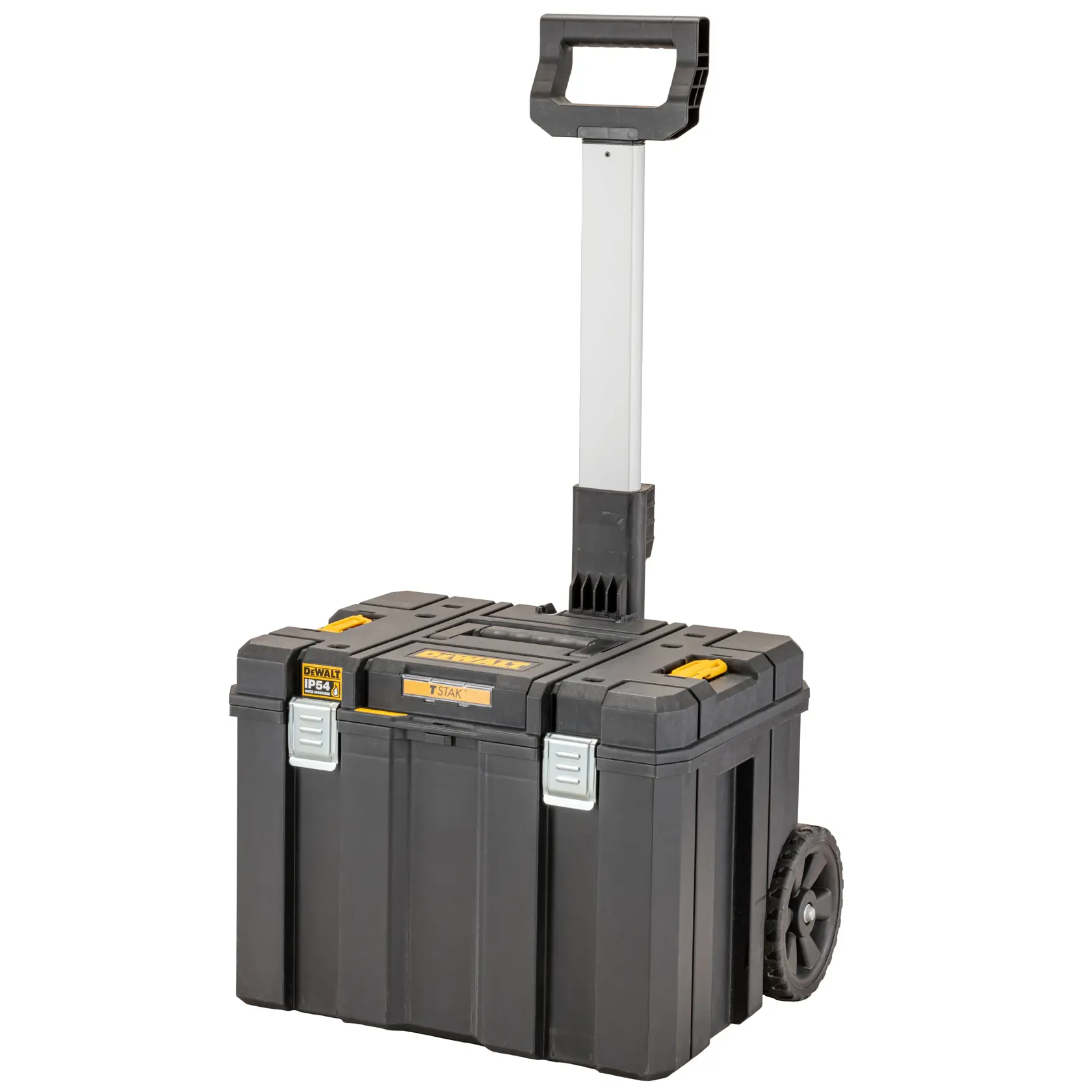 A black DEWALT wheeled tool box with a telescopic handle, featuring yellow accents and secure metal latches. The tool box is designed for portability and convenient storage of tools.