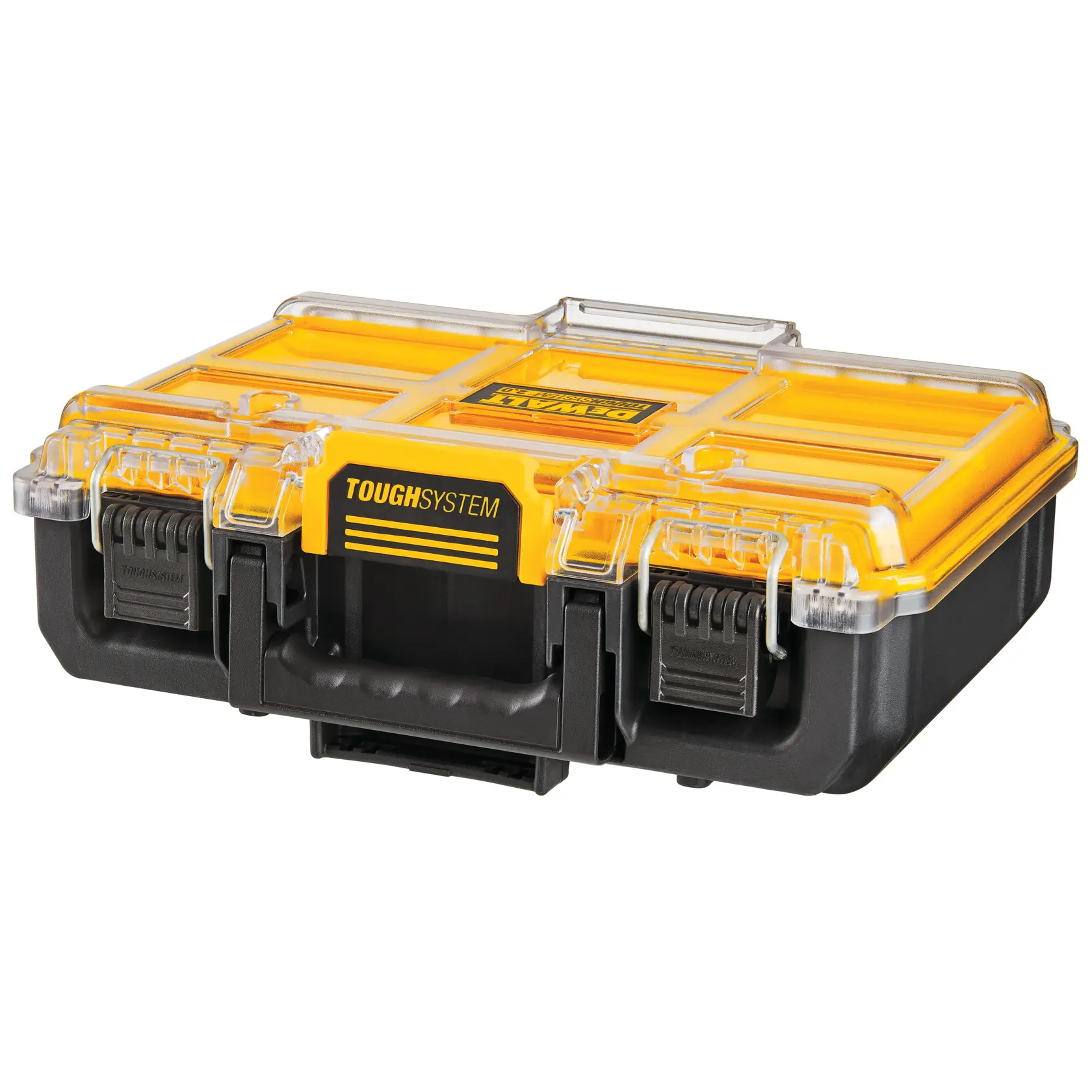 Graphique promotionnel DEWALT ToughSystem 2.0 avec le slogan 'Storage Built to Handle It' en grandes lettres jaunes sur un fond sombre texturé.