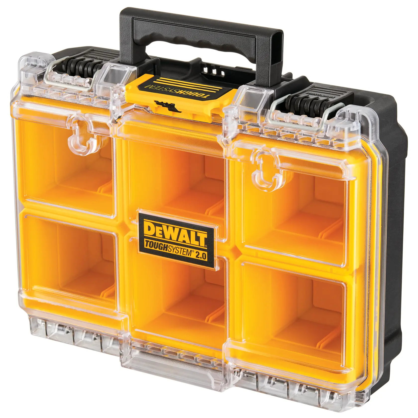 DEWALT ToughSystem 2.0 promotional graphic with the slogan 'Storage Built to Handle It' in large, bold yellow lettering on a dark, textured background.