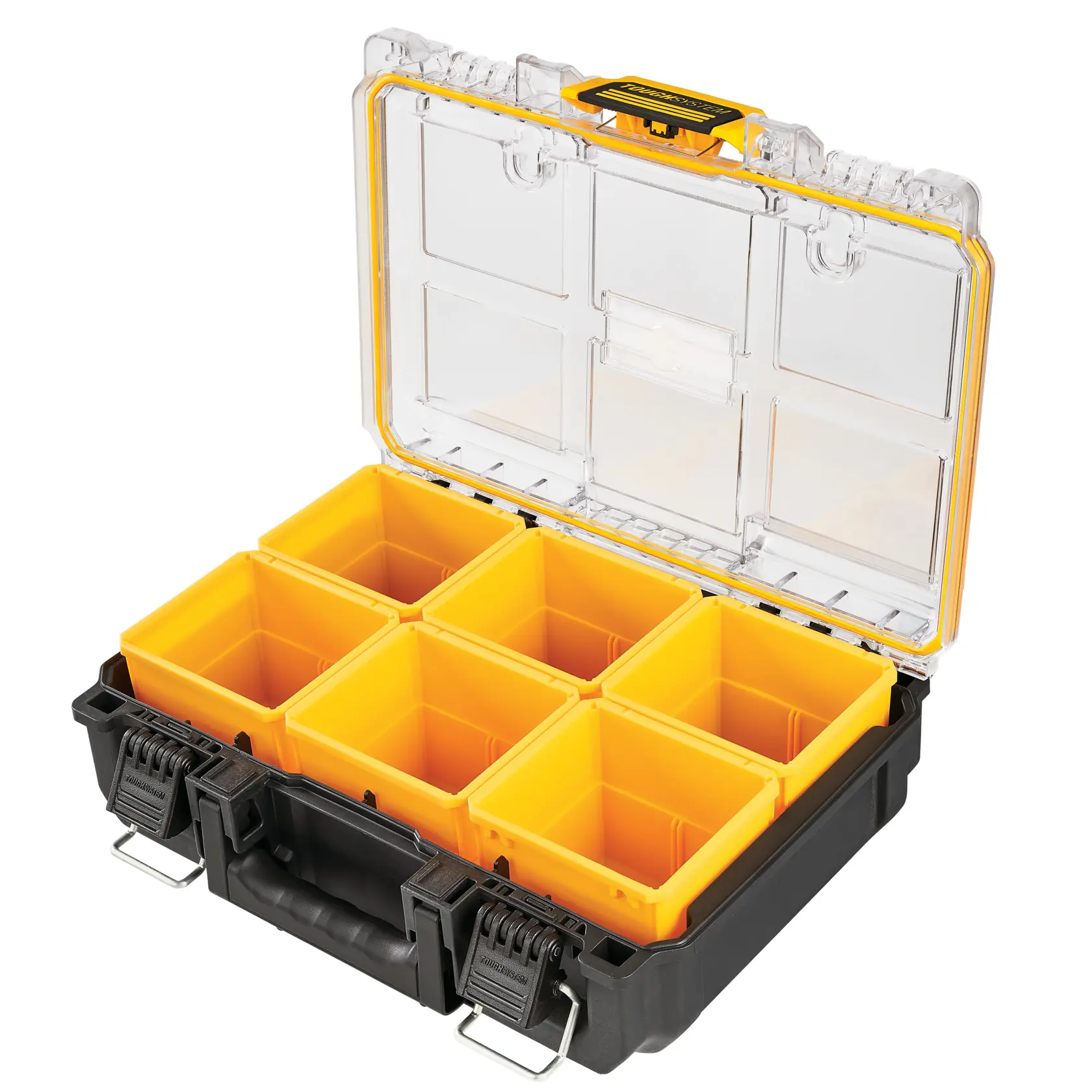 DEWALT ToughSystem 2.0 promotional graphic with the slogan 'Storage Built to Handle It' in large, bold yellow lettering on a dark, textured background.