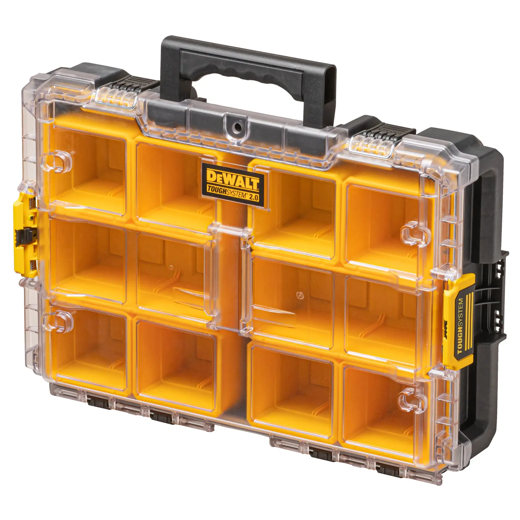 A DEWALT ToughSystem 2.0 organizer with a clear lid, yellow compartments, and a black handle. The case has multiple storage sections for small items and secure side latches.