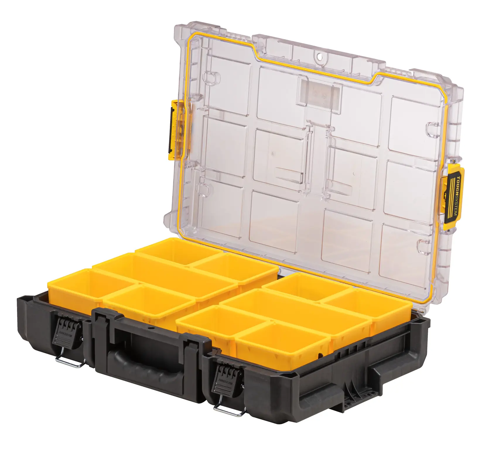 DEWALT ToughSystem 2.0 promotional graphic with the slogan 'Storage Built to Handle It' in large, bold yellow lettering on a dark, textured background.