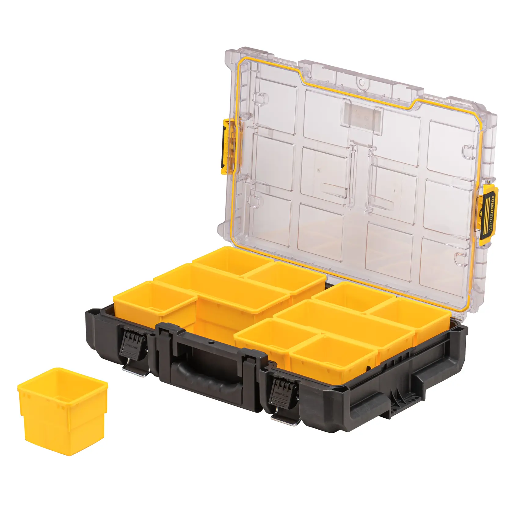 DEWALT ToughSystem 2.0 promotional graphic with the slogan 'Storage Built to Handle It' in large, bold yellow lettering on a dark, textured background.