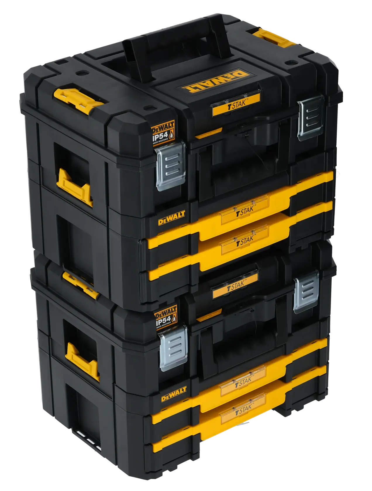 Cajas TSTAK DEWALT apiladas, modelos DWST83395 y DWST83395-1, negras y amarillas.
