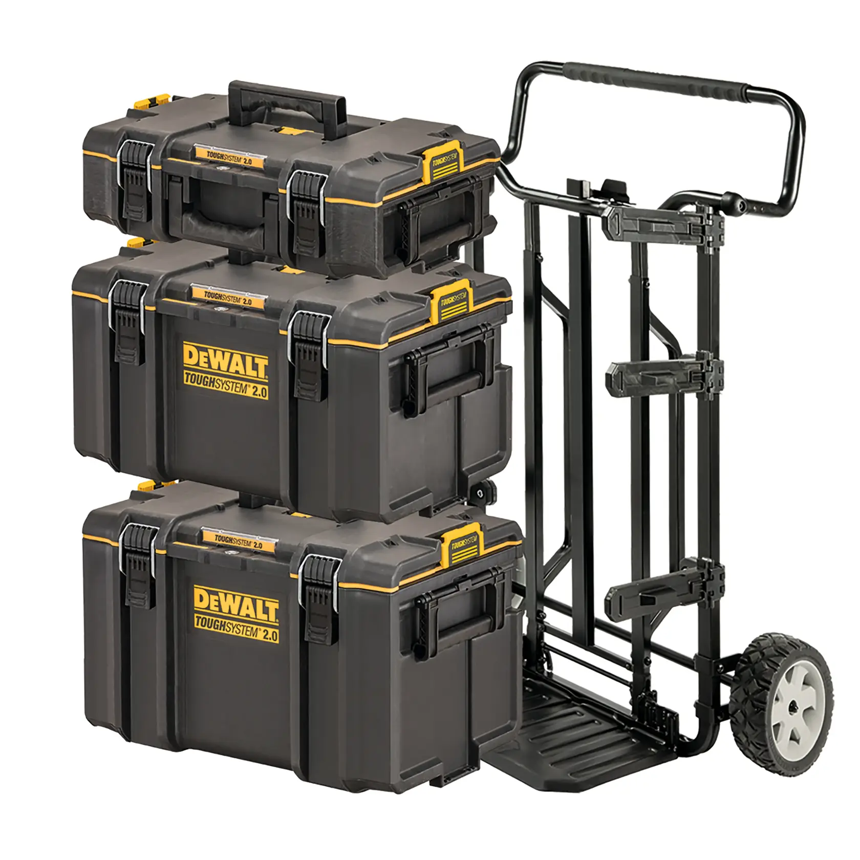 DEWALT ToughSystem 2.0 promotional graphic with the slogan 'Storage Built to Handle It' in large, bold yellow lettering on a dark, textured background.