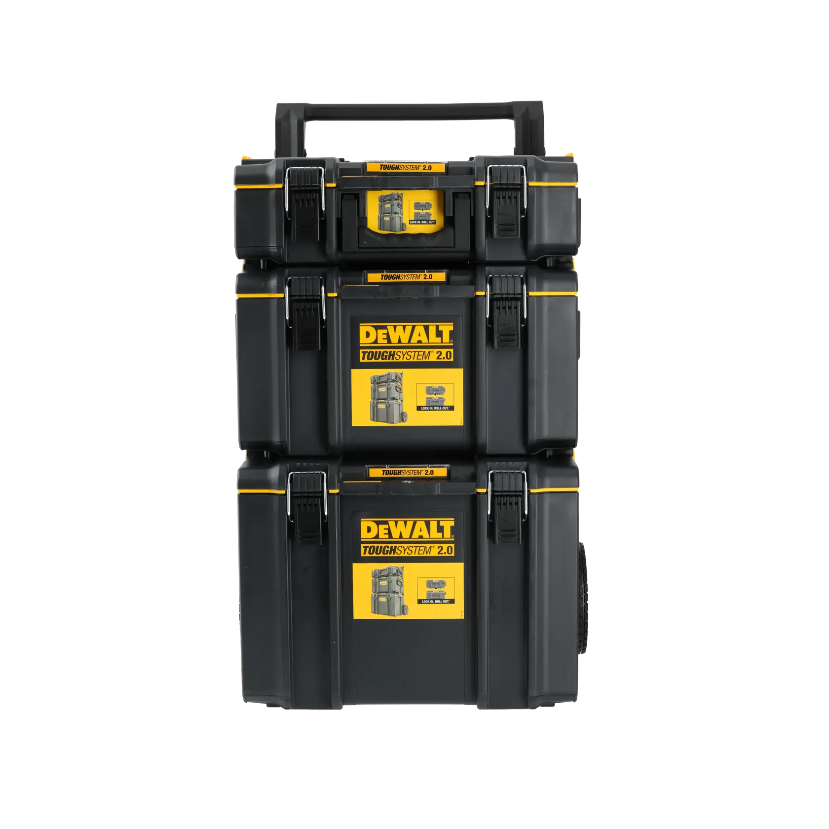 Stacked DEWALT ToughSystem 2.0 toolboxes with yellow labels and black latches, shown against a white background.