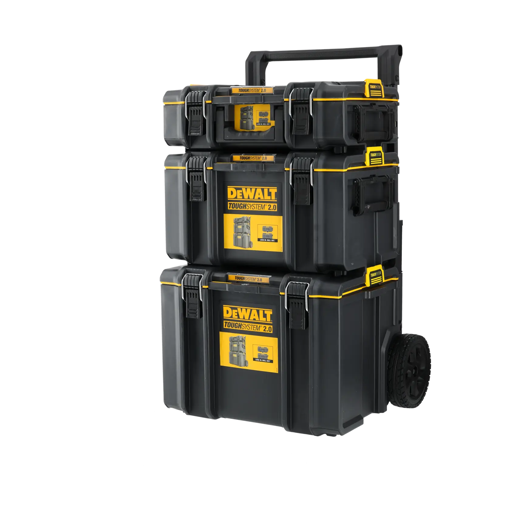 DEWALT ToughSystem 2.0 promotional graphic with the slogan 'Storage Built to Handle It' in large, bold yellow lettering on a dark, textured background.
