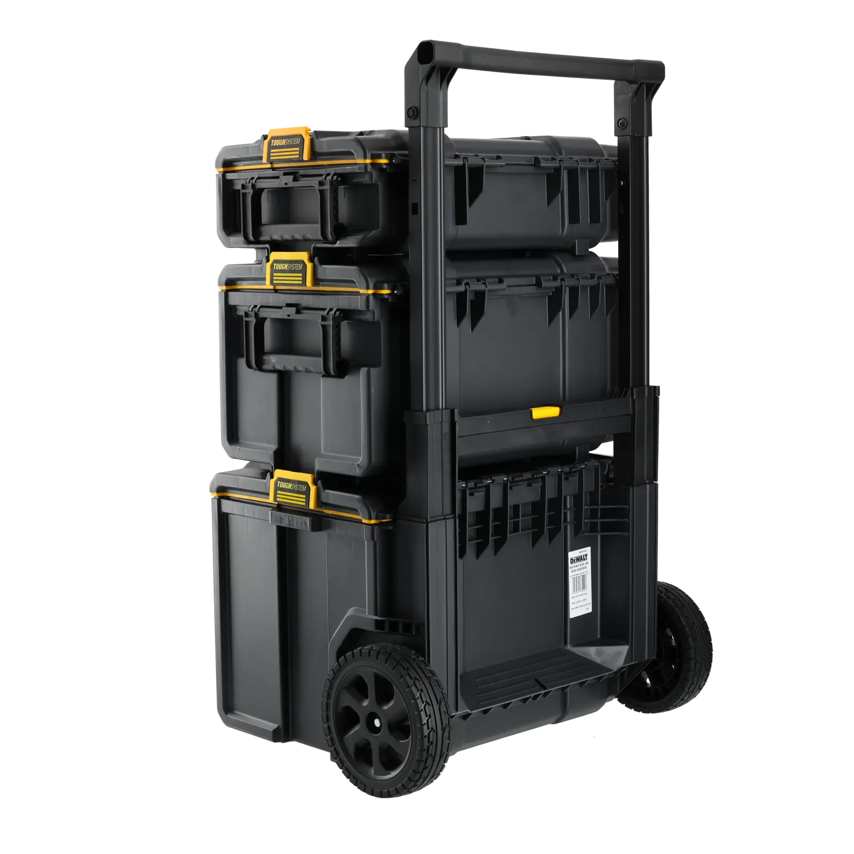 DEWALT ToughSystem 2.0 promotional graphic with the slogan 'Storage Built to Handle It' in large, bold yellow lettering on a dark, textured background.