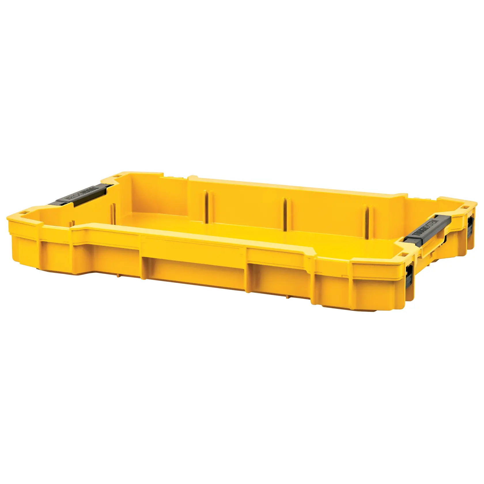 A yellow DEWALT plastic tool organizer tray with black latches, rectangular in shape, designed for storing and organizing tools or small parts.