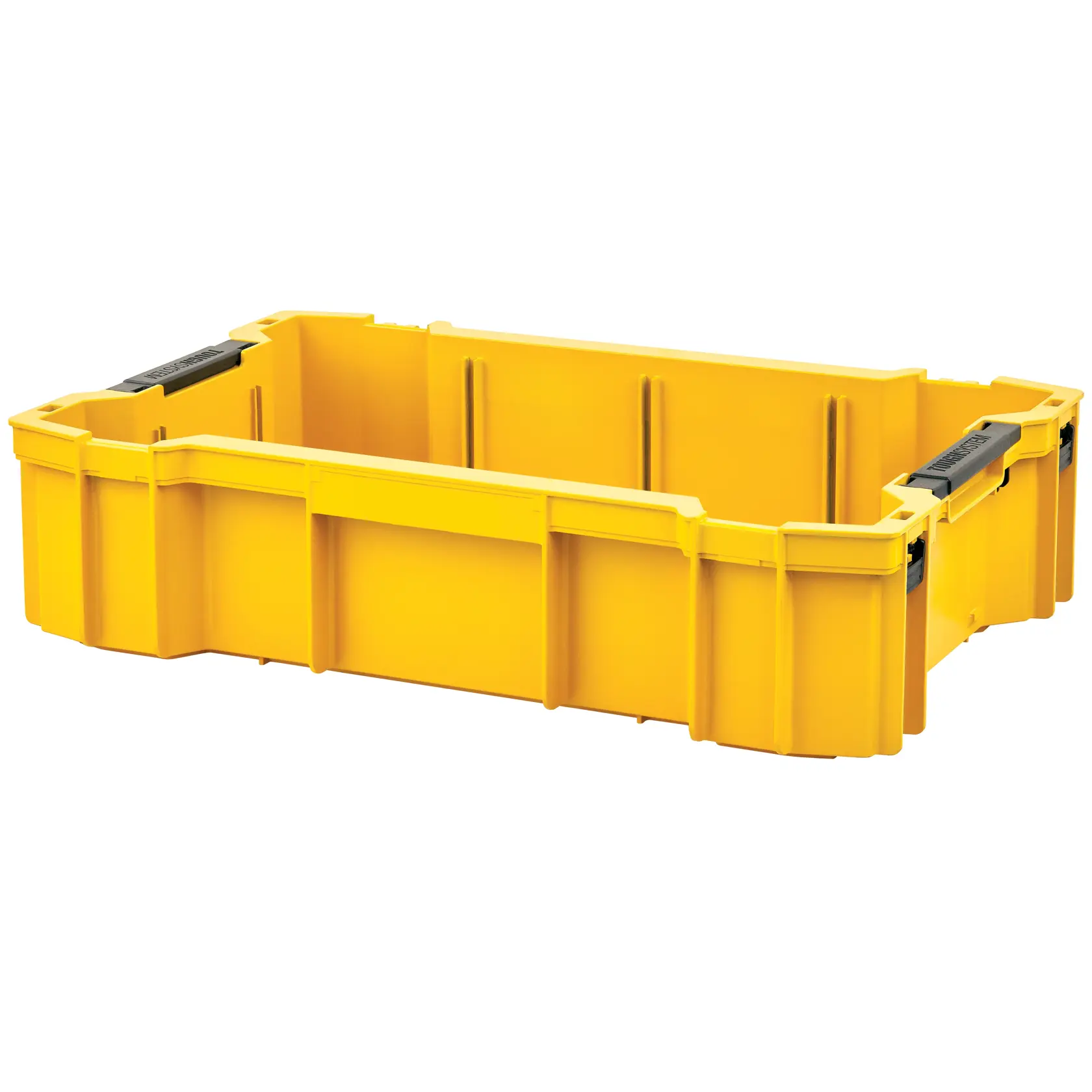 Yellow DEWALT shallow storage box with black handles, used for organizing tools or materials.