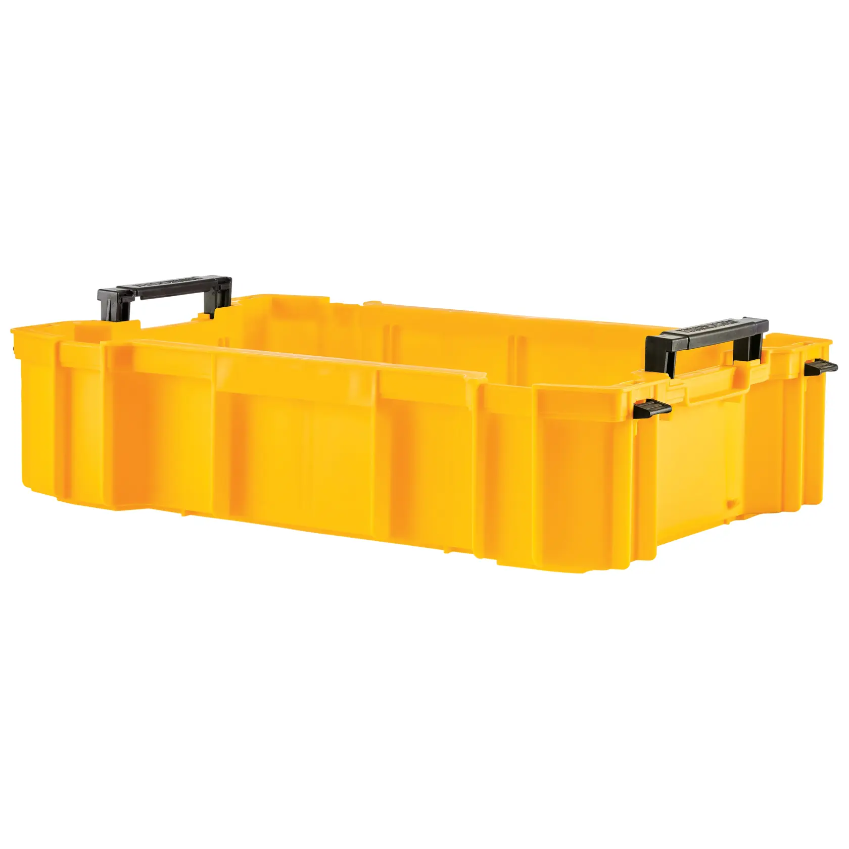 DEWALT ToughSystem 2.0 promotional graphic with the slogan 'Storage Built to Handle It' in large, bold yellow lettering on a dark, textured background.