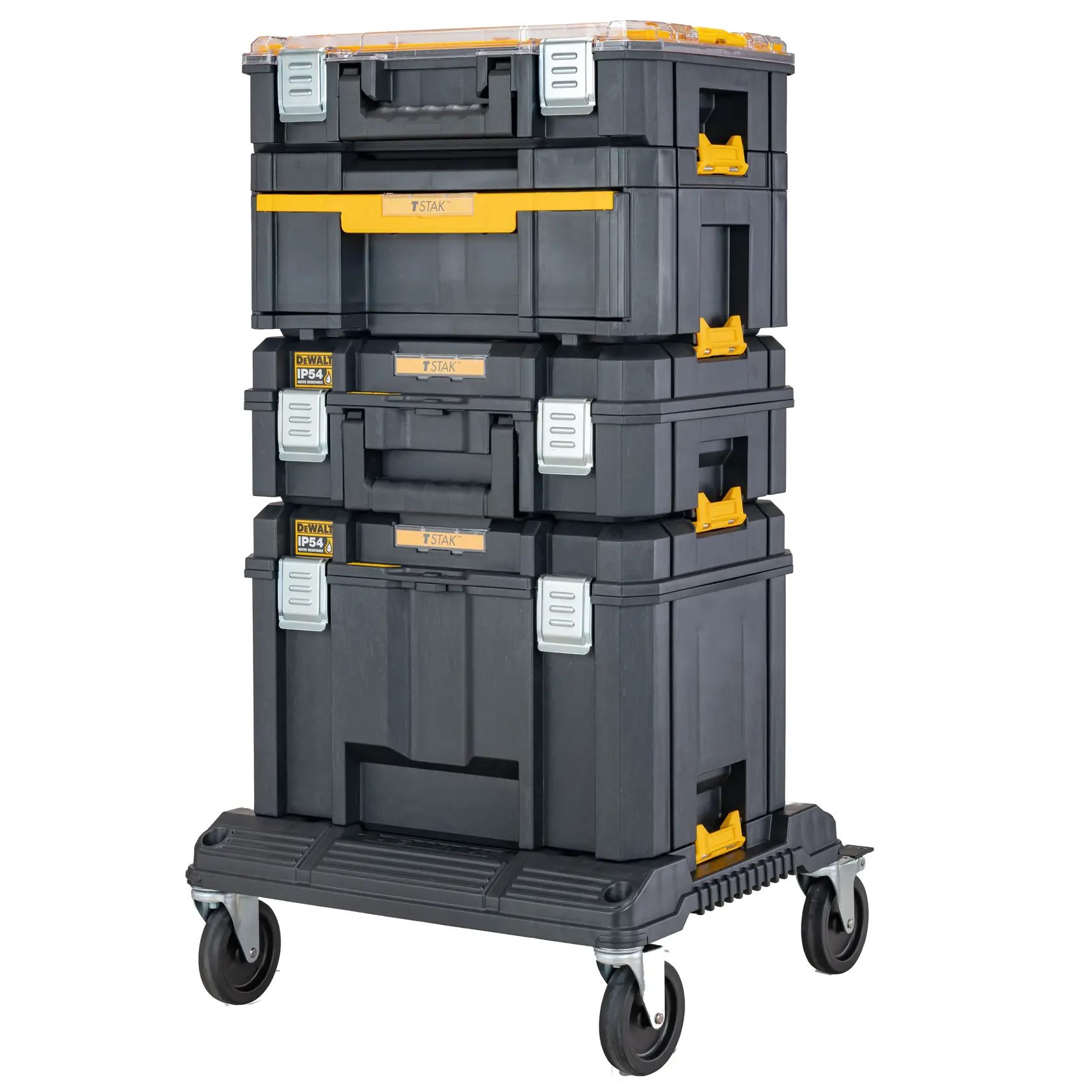 Stacked DEWALT toolboxes on a wheeled base, black and yellow, designed for portable tool storage.