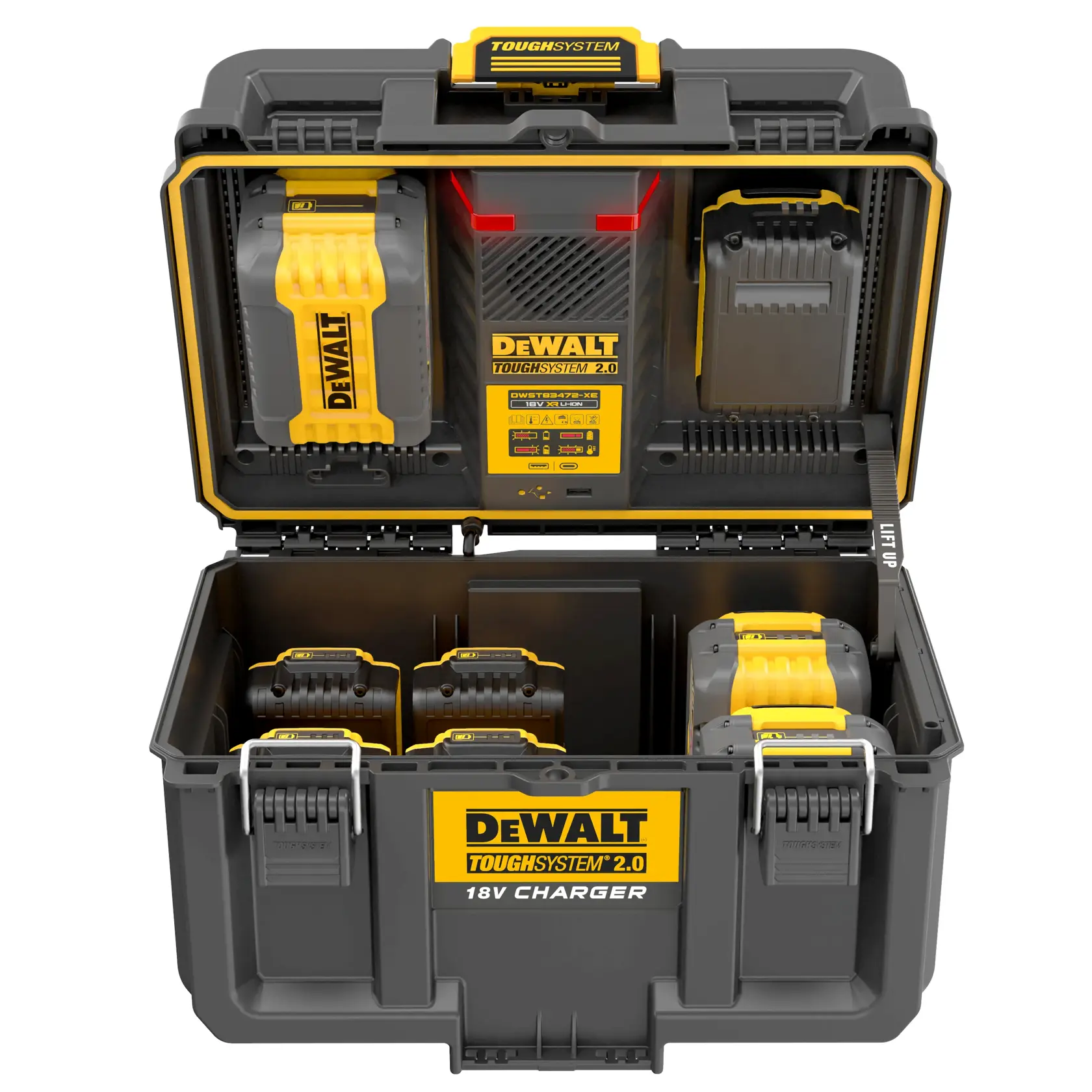 DEWALT ToughSystem 2.0 18V charger with multiple battery slots in an open durable toolbox.