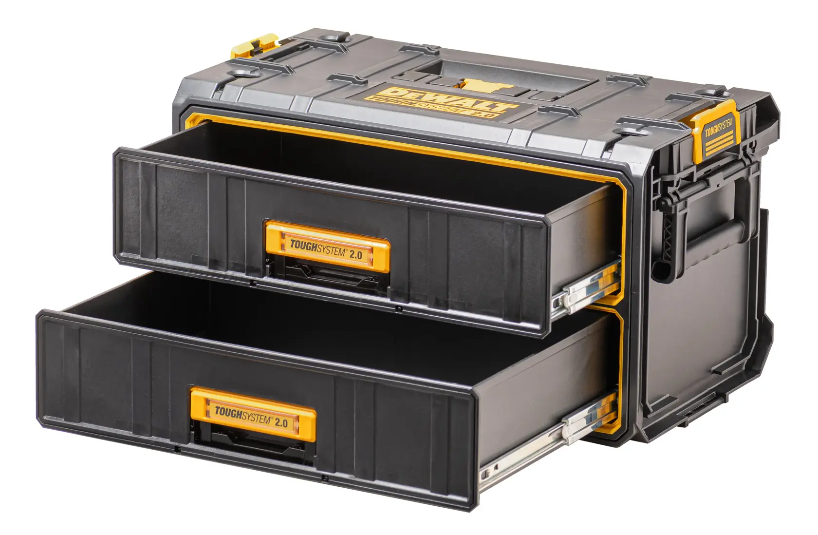 A DEWALT ToughSystem 2.0 storage unit featuring two open black and yellow drawers, designed for durable tool and equipment storage.