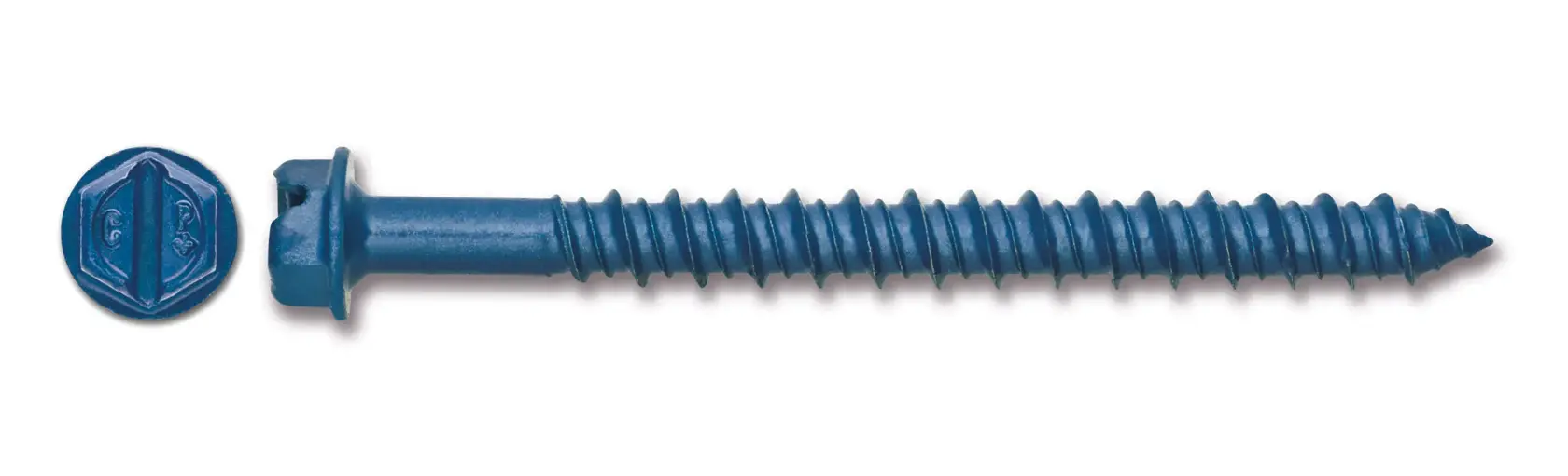 Blue hex head screw with detailed threads and flat tip, shown beside a close-up of the head design.
