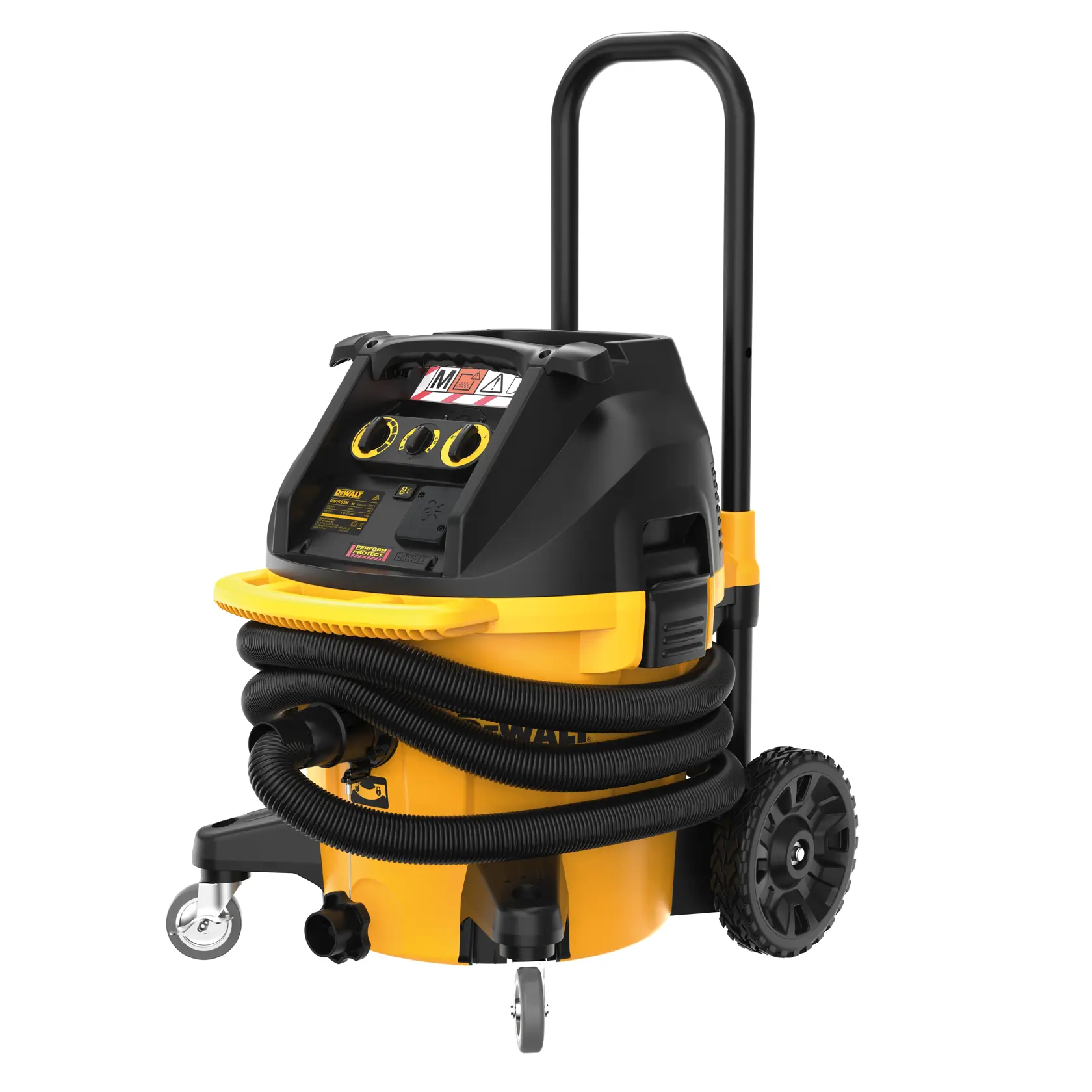 DEWALT DWV905M-XE yellow and black wheeled wet and dry vacuum cleaner with hose, handle, and control panel.