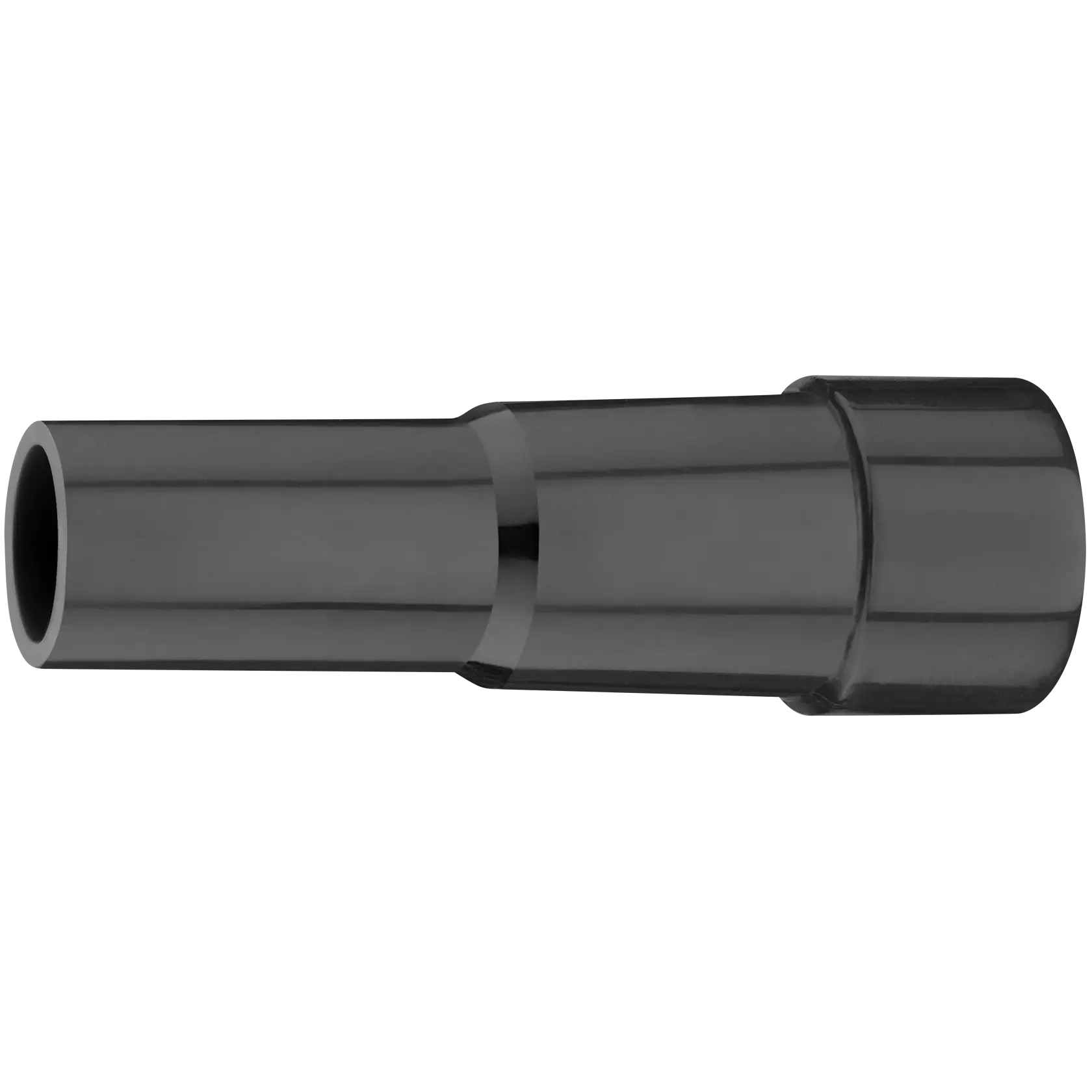 A black cylindrical plastic adapter, shown isolated on a white background. The adapter has a wider section on one end and tapers to a narrower tube on the other.