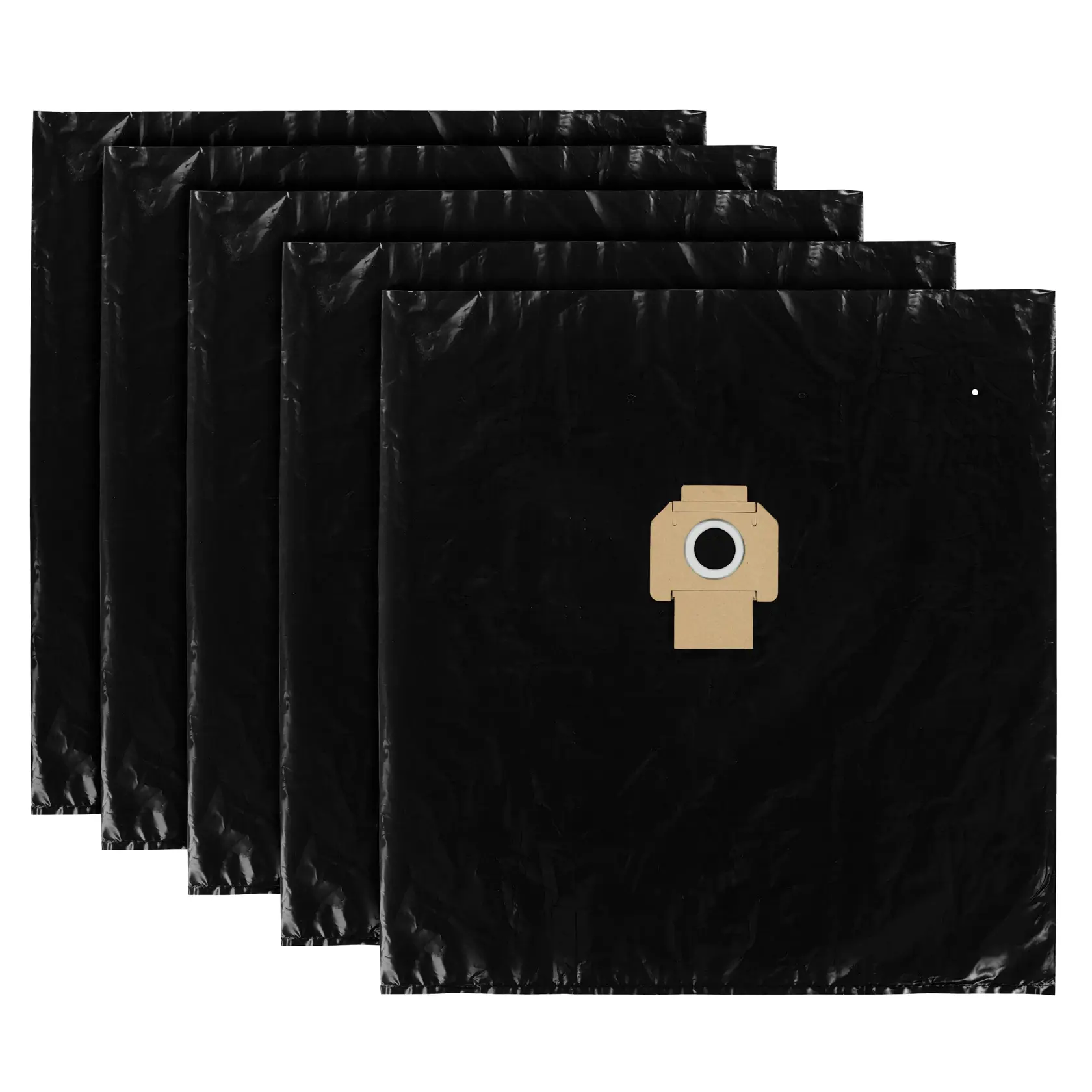 Five black vacuum filter bags with cardboard collars, arranged in a fanned stack on a white background.