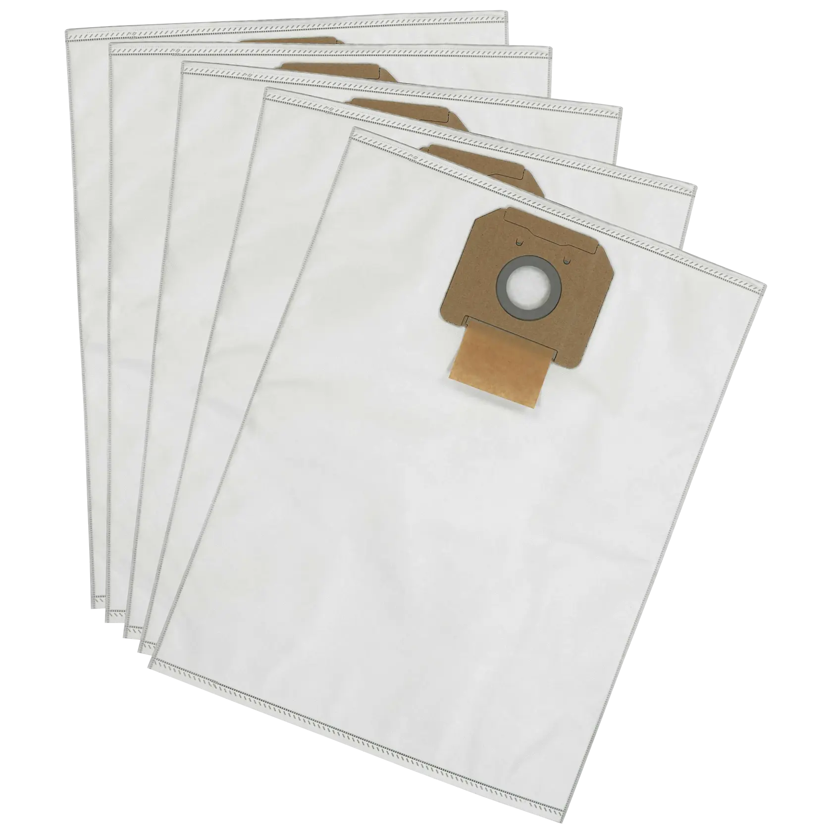 Five DEWALT vacuum dust bags shown, each made of white material with a cardboard collar and a circular opening for attachment.