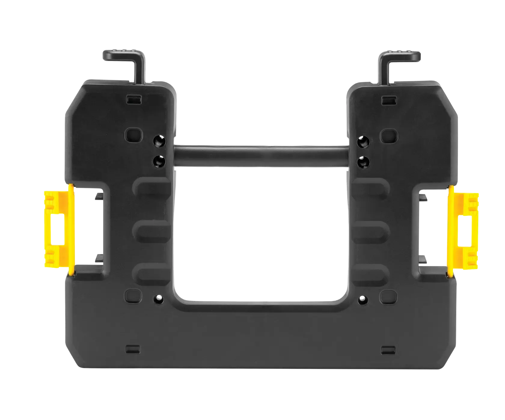 Black plastic DEWALT accessory with yellow clips, rectangular shape, shown against white background.