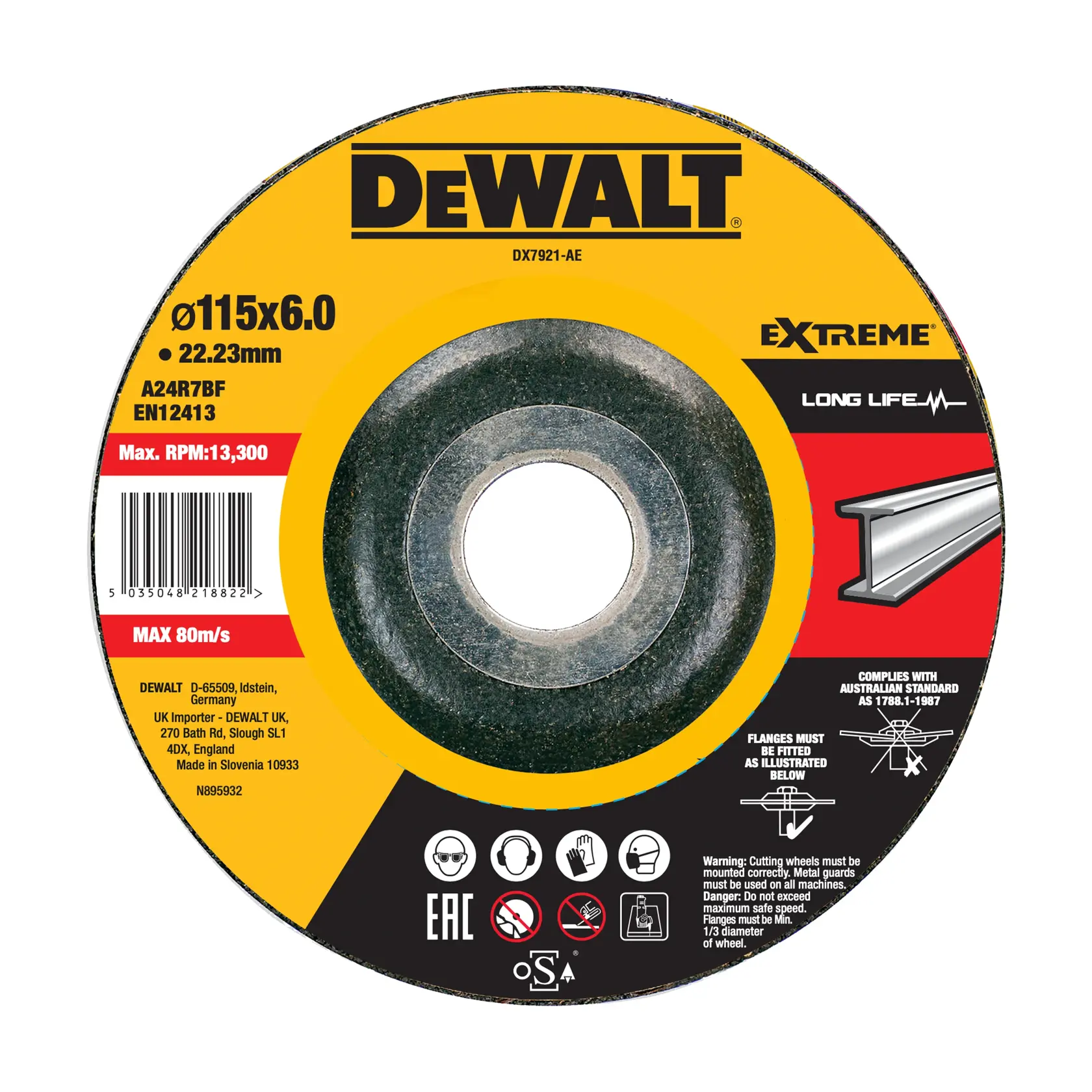 A DEWALT DX7921-AE extreme long-life cutting wheel for metal, diameter 115 mm and thickness 6.0 mm. The wheel has a yellow, black, and red label with technical details, safety icons, and a barcode. Designed for use on metal and complies with safety standards.