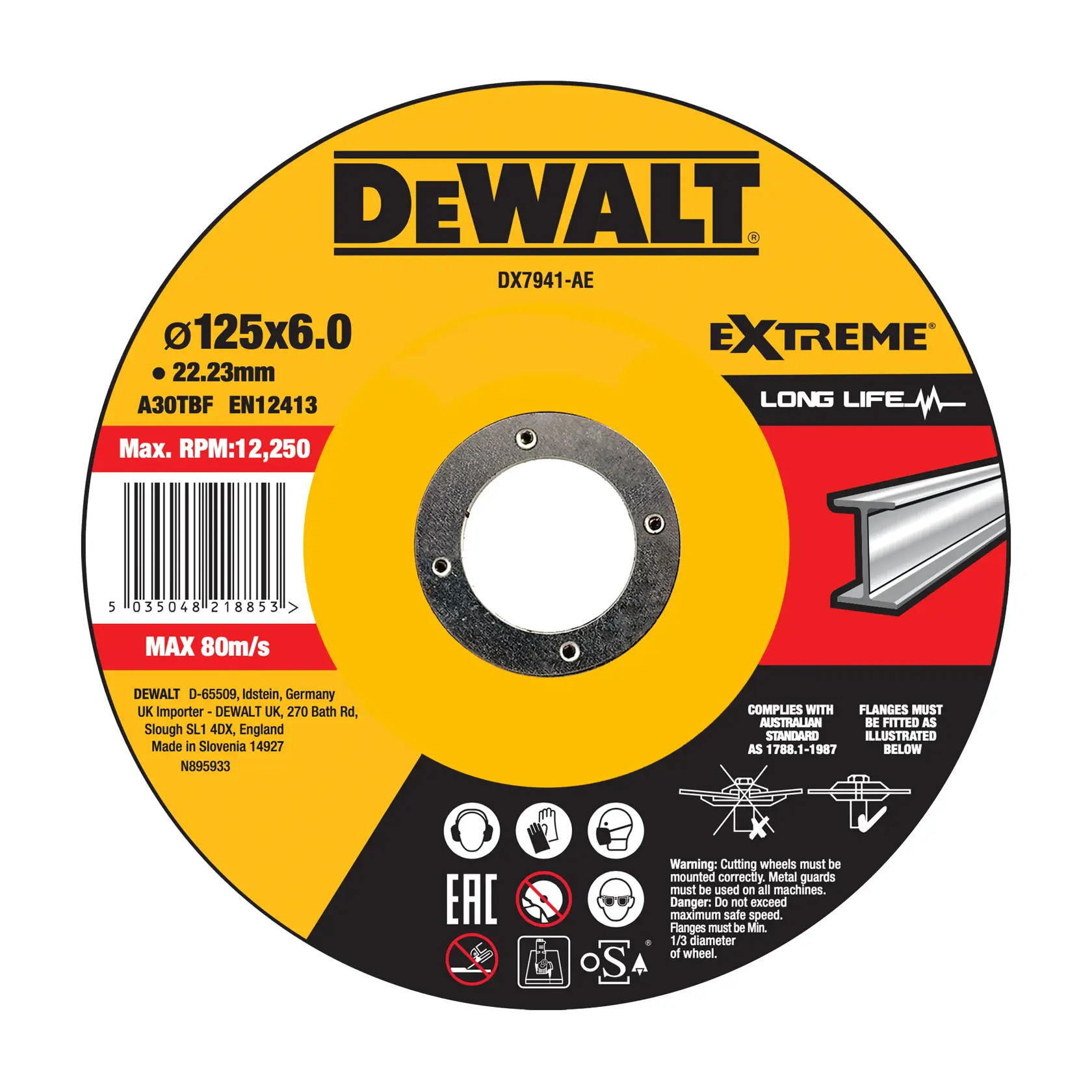 DEWALT DX7941-AE Extreme cutting wheel for metal, 125x6.0mm size, 22.23mm bore. The disc displays safety icons for required personal protective equipment and usage instructions. The label specifies a maximum RPM of 12,250 and a maximum speed of 80m/s. It indicates 'Long Life', includes a barcode and usage warnings, and shows the proper flange fitting for safe operation.