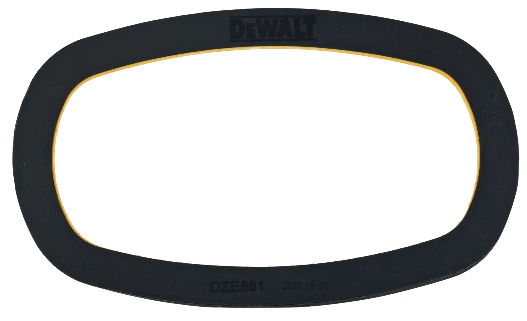 Schwarze DEWALT oval Dichtung mit gelbem Rand, Modell DZE591, für Fotoausrüstung verwendet.
